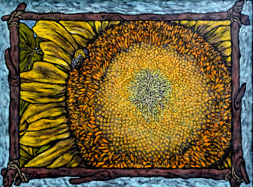 <p style="font-size: 16px; line-height: 150%;"><strong><em>Sunflower with Bee</em></strong>&emsp;<br />
  oil painting&emsp;<br />
19&rdquo; x 25&rdquo; | <strong>$400</strong></p>