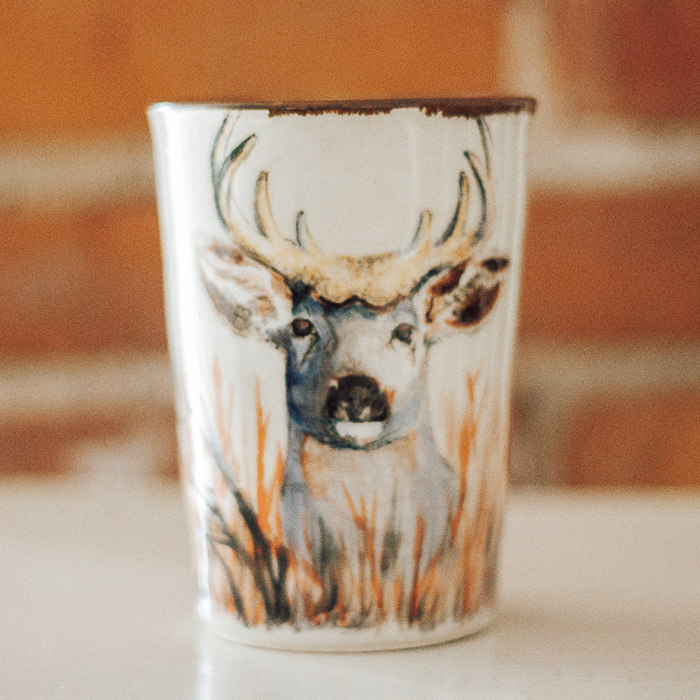 <p style="font-size: 16px; line-height: 150%;"><strong>Buck in the Brush Tumbler&emsp;</strong><br />
12 oz.<br>
<strong>$85</strong></p>