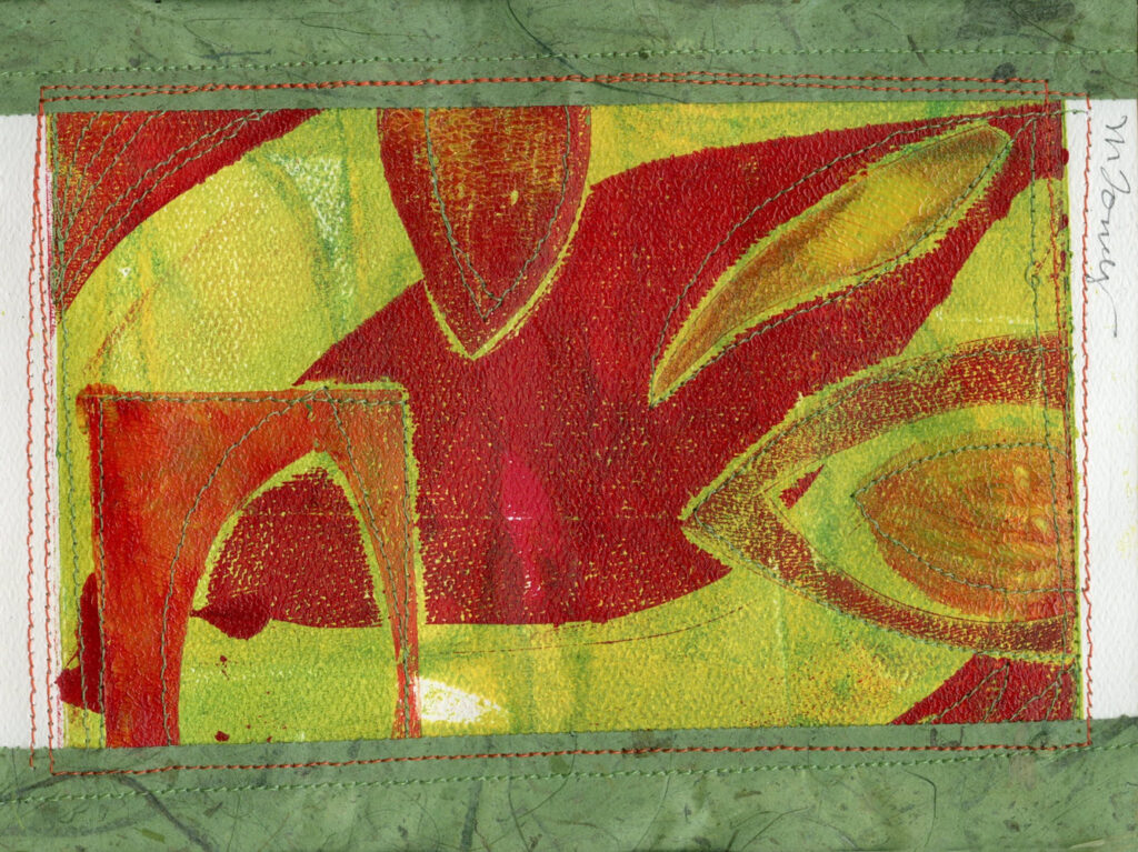<p style="font-size: 16px; line-height: 150%;"><strong><em>Leaves with Red and Green</em></strong>&emsp;<br>
Monoprint with collage added</p>