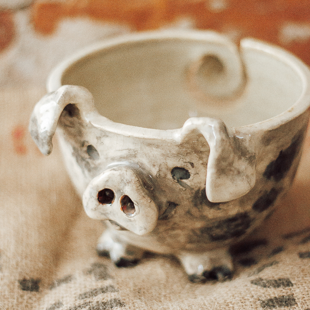 <p style="font-size: 16px; line-height: 150%;"><strong>Sculptural Piggy Yarn Bowl&emsp;</strong><br />
5&frac12;&rdquo; wide x 5&frac12;&rdquo; tall<br>
<em>pull yarn through his nose or tail, needles can stick out the nose</em><br>
<strong>$100</strong></p>