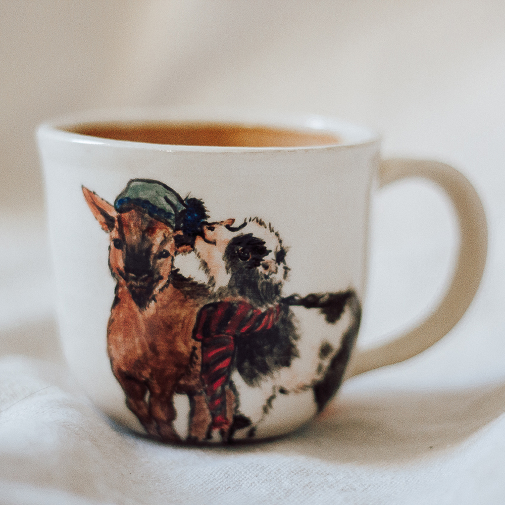 <p style="font-size: 16px; line-height: 150%;"><strong>Goat Pals Mug</strong>&emsp;<br />
12 oz.<br>
<strong>$65</strong></p>
