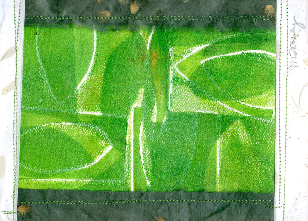 <p style="font-size: 16px; line-height: 150%;"><strong><em>Green Leaves</em></strong>&emsp;<br>
Monoprint with collage added</p>