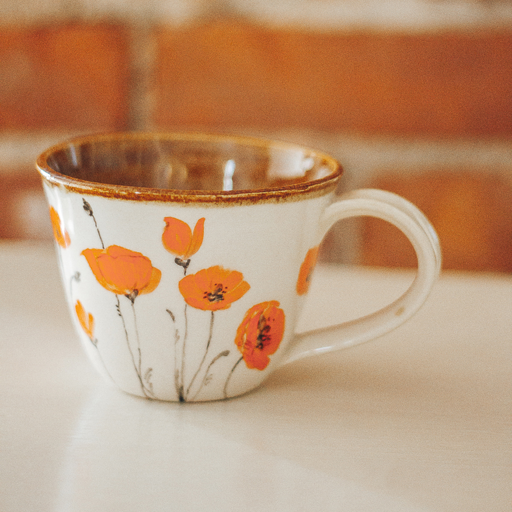 <p style="font-size: 16px; line-height: 150%;"><strong>Orange Poppies Mug</strong>&emsp;<br />
  10 oz.<br />
<strong>$70</strong></p>
